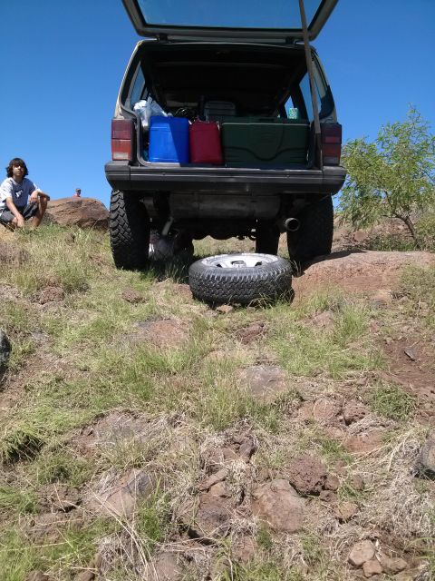 1981 Ford F-150 - SUV parked on grassy terrain with a flat tire, spare tire removed and placed on the ground.