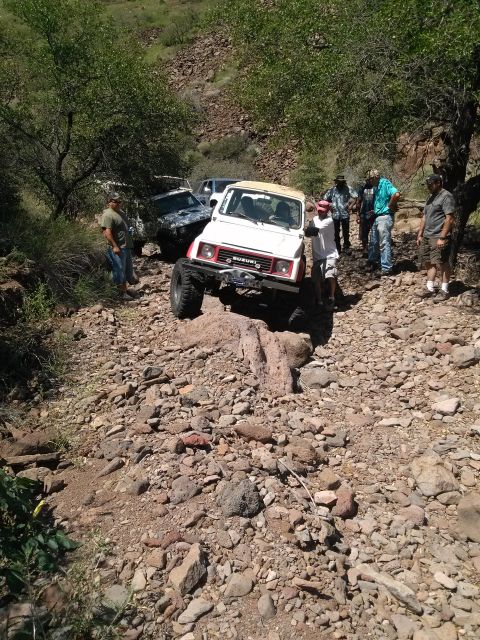 1981 Ford F-150 - Several off-road vehicles navigate a rocky, wooded terrain with people observing.