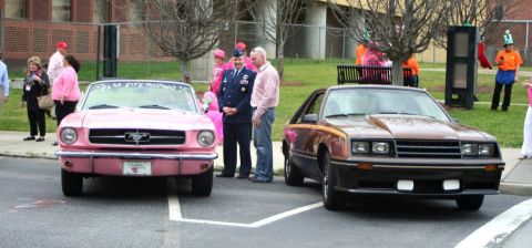 1980 Ford Mustang - Two Ford Mustangs are parked side-by-side, one a pink convertible and the other a brown coupe with gold racing stripes.