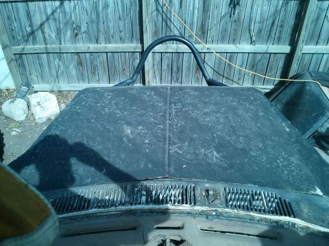 1986 Ford Bronco - The hood of an older vehicle is shown from above, with a roll bar installed. A wooden fence forms the backdrop.