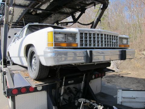 1991 Ford LTD Crown Victoria - A white Ford Crown Victoria is being transported on a car carrier, showing its front grille and headlights.