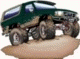 1995 Ford Bronco - A custom 6x6 off-road vehicle is shown in a three-quarter front view, positioned on a dirt mound.