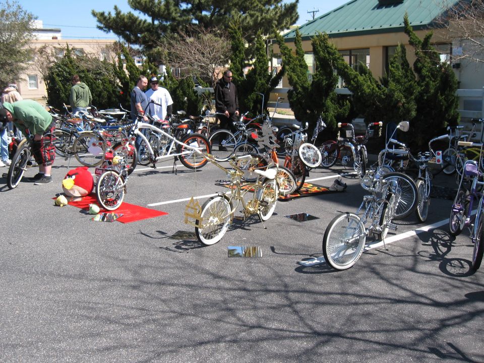 Several custom lowrider bicycles are on display in a parking lot. One is gold with white tires, another is chrome with white tires