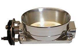 1998 Ford Crown Victoria - polished aluminum performance throttle body with throttle linkage and mounting flange against a gray background.