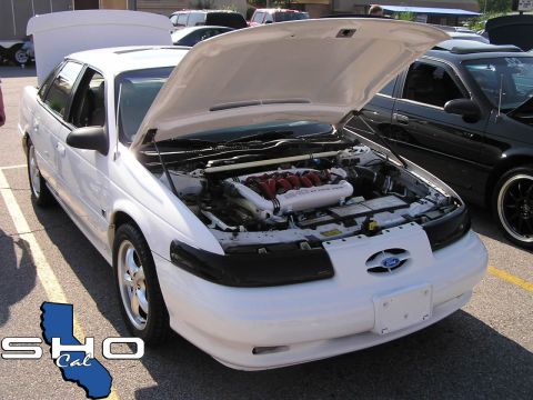 1993 Ford Taurus - White 1993 Ford Taurus SHO at a car show, hood open to display the engine bay.