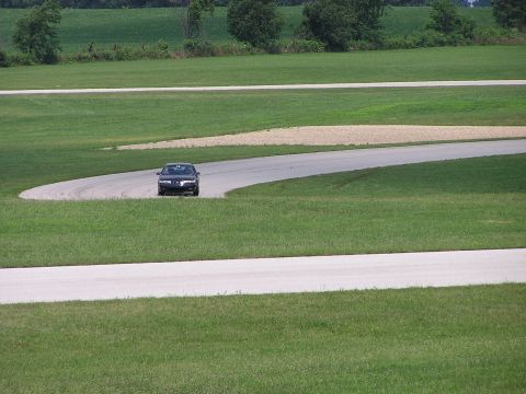 1993 Ford Taurus - A dark sedan navigates a curve on a race track surrounded by green grass.