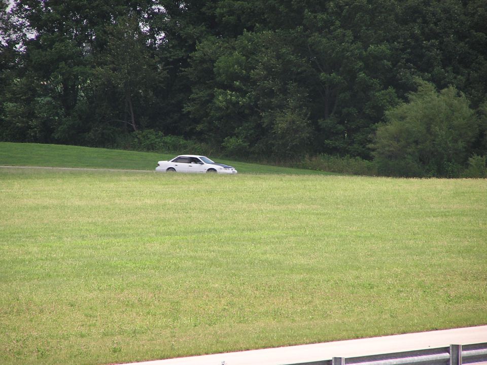 White sedan with black hood parked on a grassy incline