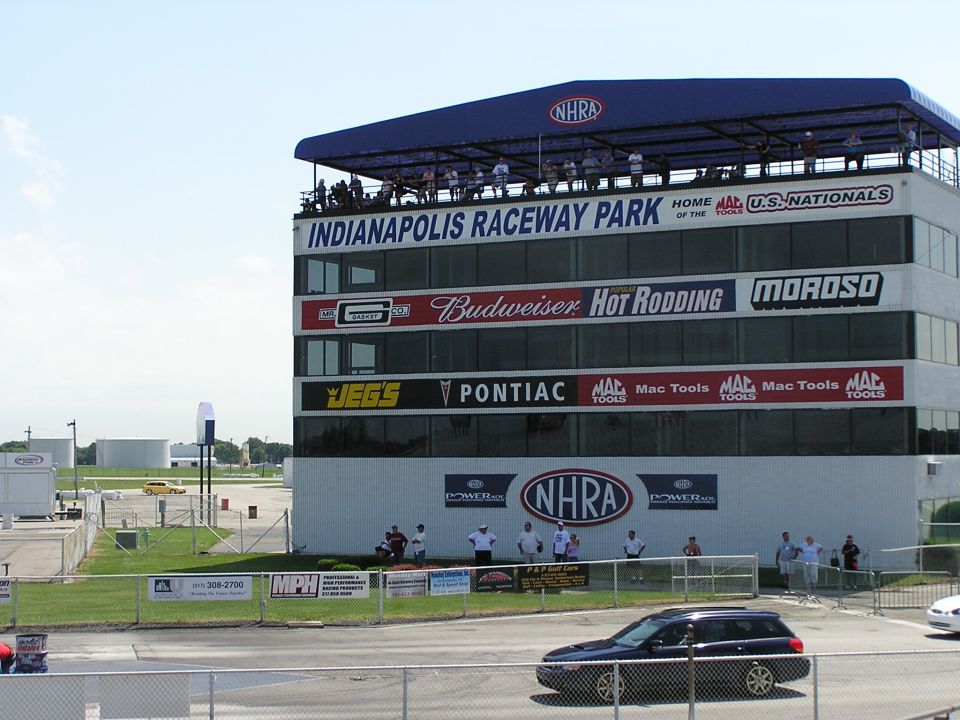 Indianapolis Raceway Park building with NHRA logo, Budweiser, and Jegs signs