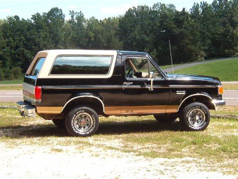 1989 Ford Bronco - A black and tan Ford Bronco is parked on a grassy area next to a road.