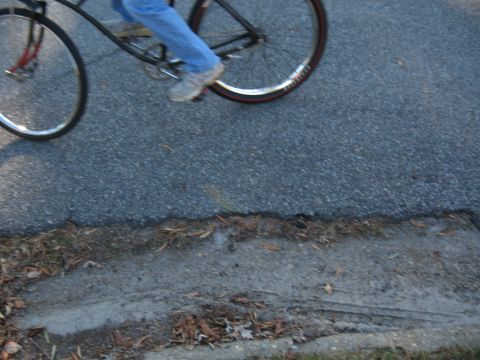 1994 Ford Bronco - A person pedals a bicycle down a paved road, with fallen leaves visible along the roadside.