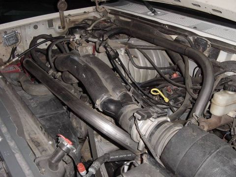 1987 Ford Bronco - The engine bay of a vehicle, showing various hoses, wiring, and engine components. Text from a watermark is visible.