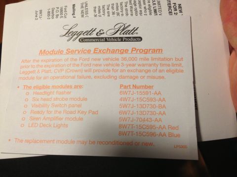 2007 Ford Crown Victoria - This document details a module service exchange program for Ford vehicles, listing eligible modules and part numbers.