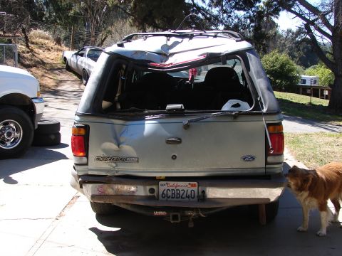 1973 Ford Ranchero - This heavily damaged SUV has a California license plate and a hitch receiver visible on the rear.