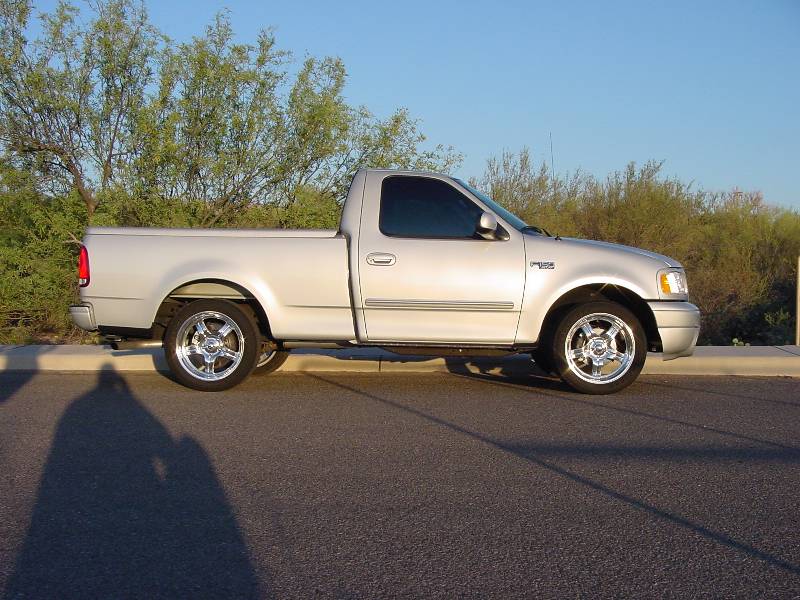 Silver Ford F-150 regular cab pickup, side view, chrome wheels, parked with desert brush behind