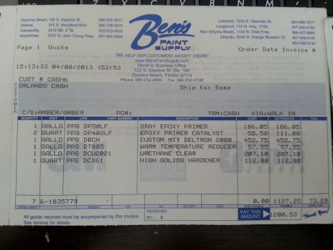 1994 Ford Bronco - Paint supply store invoice/quote listing PPG automotive paint products with quantities and prices.