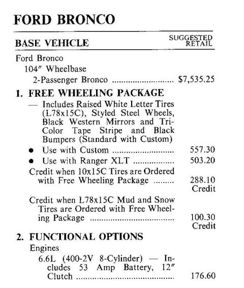 1979 Ford Bronco - Cropped scan of a Ford price-guide page headed "FORD BRONCO," listing the base 104-inch-wheelbase 2-Passenger Bronco at $7,535.25 suggested…
