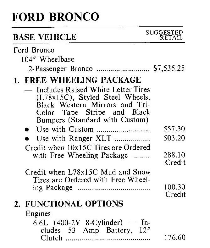 Ford Bronco price guide page with base 104" wheelbase Bronco at $7,535.25 and Free Wheeling Package
