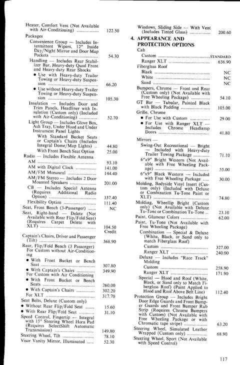 1979 Ford Bronco - Two-column scan of page 117 from a Ford price guide. The left column prices comfort and convenience options, comfort vent heater, Convenien…
