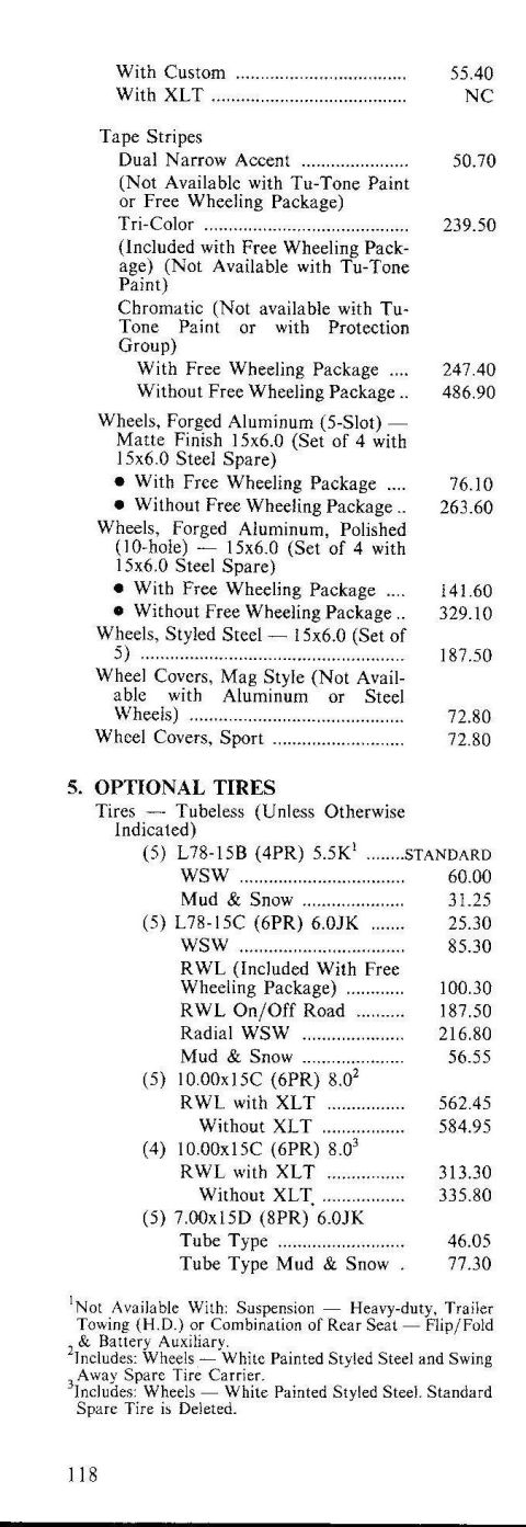 1979 Ford Bronco - Cropped scan of page 118 from a Ford price guide, listing option prices for tape stripes (dual narrow accent, tri-color, chromatic), forged…