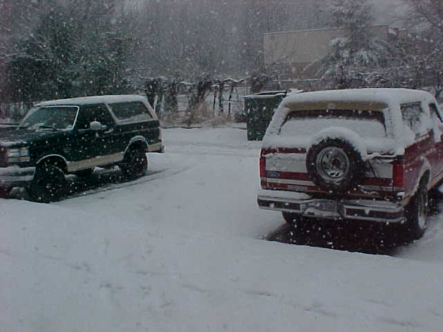Red and white Ford Bronco rear view with spare tire beside a green Bronco in falling snow