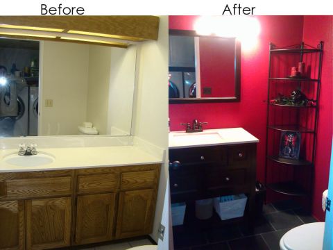 1989 Ford Bronco - This bathroom underwent a significant renovation, moving from a dated look to a bold and modern design with vibrant red walls.