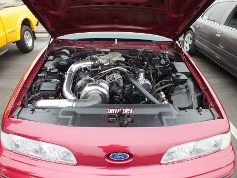 2003 Ford Crown Victoria - Front-on view of a red Ford sedan engine bay with belt-driven supercharger and polished intake plumbing.