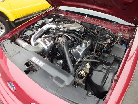 2003 Ford Crown Victoria - Top view of a red Ford engine bay with a belt-driven ProCharger supercharger and polished aluminum intake tube.