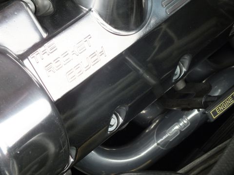 2003 Ford Crown Victoria - Chrome-finished intake plenum stamped THE ROCKET COUPE with an ENGINE label visible on a hose at right