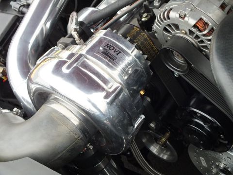 2003 Ford Crown Victoria - Close view of a NOVI by Paxton centrifugal supercharger with polished housing and ribbed drive belt