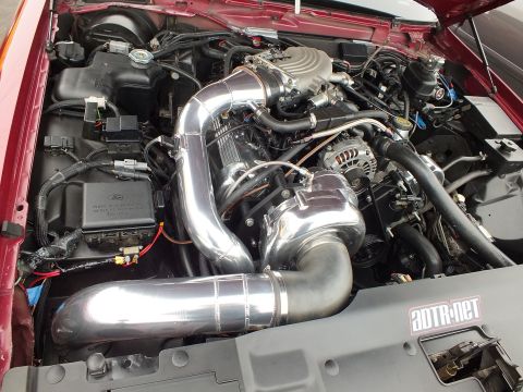 2003 Ford Crown Victoria - Red car engine bay showing polished charge piping, a Ford relay box and a belt-driven supercharger