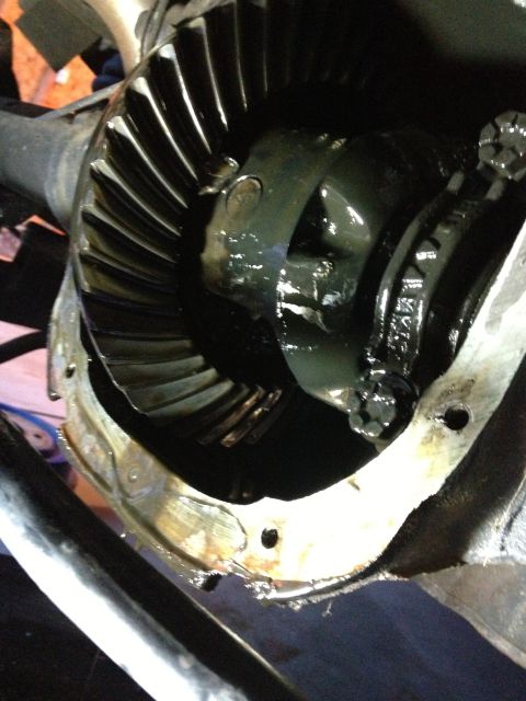 1990 Ford Mustang - The differential gears are covered in dark, viscous lubricant, suggesting recent use or maintenance.