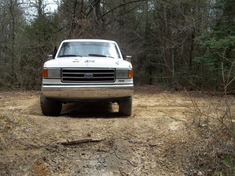 1990 Ford Bronco - White Ford F-series truck seen from the front on a dirt path surrounded by trees.