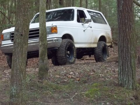 1990 Ford Bronco - This white 1990 Ford Bronco navigates a wooded trail with its off-road tires.