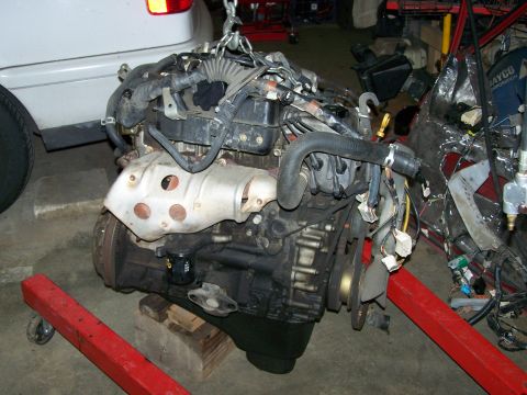1988 Suzuki Samurai - Engine assembly suspended by chains, resting on an engine stand with visible hoses and wiring.