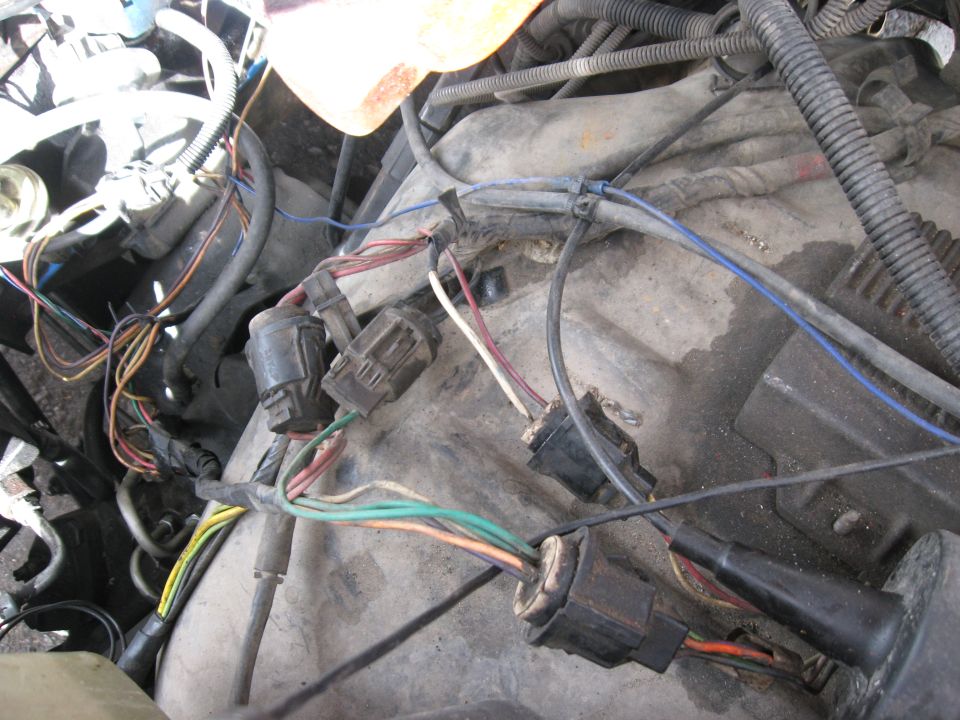 Close-up of a tangled engine wiring harness with multiple connectors
