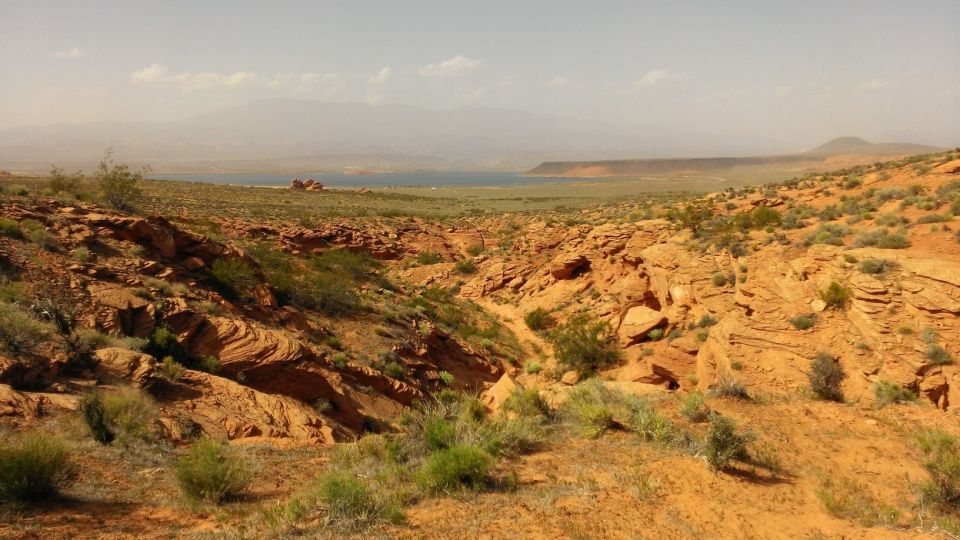 Desert landscape with red rocks, sparse vegetation, and a distant lake under a hazy sky
