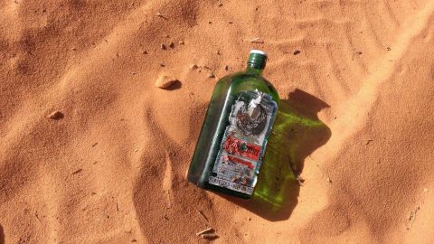 1994 Ford Bronco - A green bottle rests in the sand, its label partially visible. The scene is illuminated by sunlight, casting a shadow.