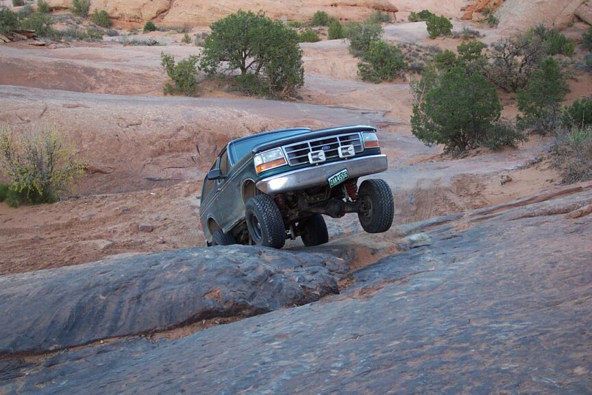 Moab, December 2003 on "Tip Over Challenge".  Right after this picture was took my hunting and camping equipment shifted to my tail gate and really put me up in the air!  Gotta love that TTB, Tanya said my front end looked like a dog's tail wagging.