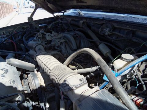 1989 Ford Bronco - Close-up view of the engine compartment, showing various hoses, wiring, and engine components.