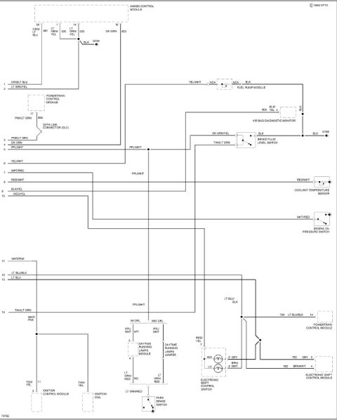 1994 Ford Bronco - Wiring diagram showing engine, fuel pump, sensor and module circuits with color-coded wires and connectors.