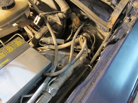 1991 Ford LTD Crown Victoria - Close-up of engine bay wiring and fuse box, showing relay labels.