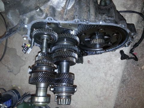 1991 Ford Festiva - The internal components of a vehicle's transmission are exposed, showing a complex arrangement of gears.