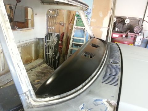 1967 Ford F-100 - Interior view of a 1967 Ford F-100 undergoing restoration, with the dashboard removed.