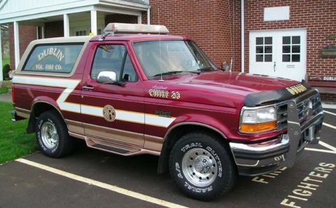 1994 Ford Bronco - This Ford Bronco, marked as Chief 23 for the Dublin Vol. Fire Co., has a distinctive red, tan, and white livery.