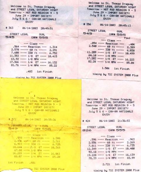 2000 Ford Crown Victoria - Drag strip results document showing race times and speeds for multiple vehicles.