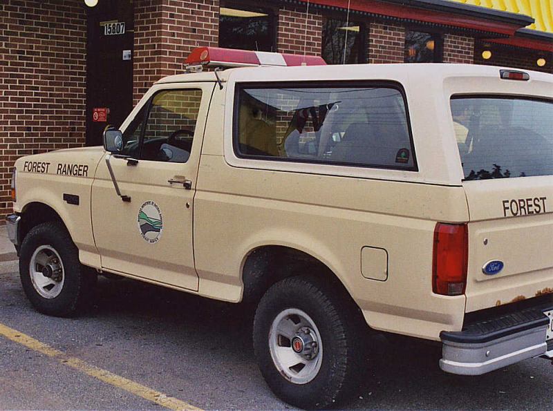 1994 Ford Bronco with 'FOREST RANGER' and 'FOREST' text, plus a Forest Service emblem on the door