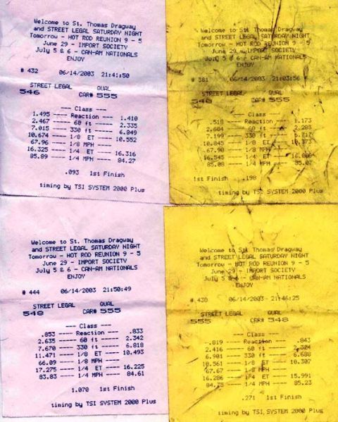 2000 Ford Crown Victoria - Multiple timing slips from St. Thomas Dragway detail race results from June 14, 2003.
