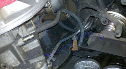 1978 Ford Bronco - Close-up view of engine components, including hoses and a bolt, with blue arrows indicating specific parts.