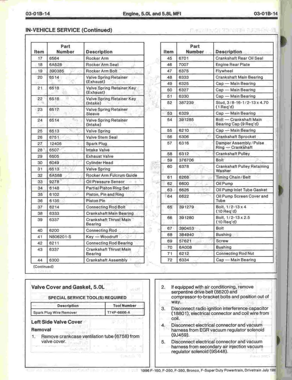 Ford 5.0L 5.8L MFI in-vehicle service part number list valvetrain and crankshaft