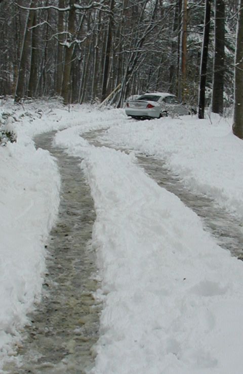 1998 Ford Taurus - A white sedan is parked on a snow-covered driveway surrounded by trees.